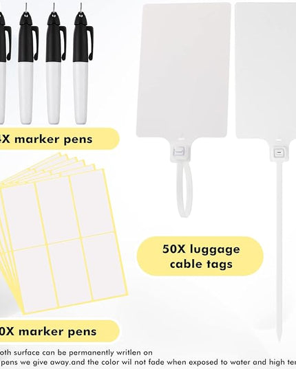 Pajean Waterproof Plastic Tags with Marker Pens and Sticker Labels, Self Locking Bag Writable Tags with Wire Cable Ties for Luggage(White,50 Pieces)