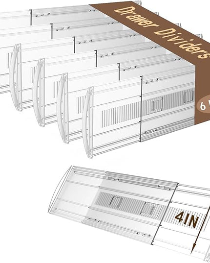 6 Pack Adjustable Drawer Dividers for Clothes,4" High Expandable From 13-21" Clear Drawer Organizers, PC Plastic Separators for Dresser/Bedroom/Bathroom/Kitchen/Office Storage