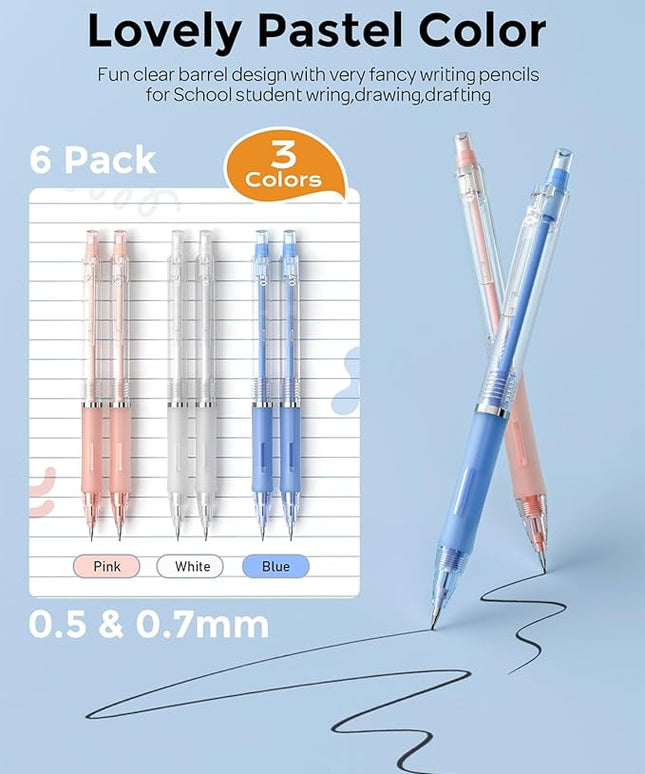 Nicpro 23PCS Pastel Mechanical Pencil 0.5 & 0.7 mm with Case for School, with 12 tubes HB Lead Refills, 3 Erasers, 9 Eraser Refills For Student Writing, Drawing, Sketching, Blue & Pink & White Colors