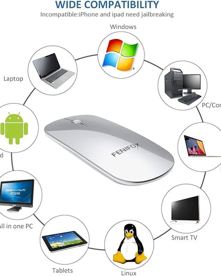FENIFOX Wireless Bluetooth Mouse, Ultra-Thin Flat and Slim Silent USB-C Rechargeable Travel Mini Portable Mouse for Mac iPad Laptop MacBook Tablet Chromebook - White and Silver