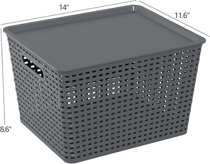 6 Packs Large Plastic Storage Basket Bin with Lid, Tall Stackable Lidded Organizer Baskets for Desktops, Closets, Shelves, Gray