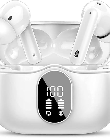 Wireless Earbuds, Bluetooth 5.4 Headphones Bass Stereo, Ear Buds with Noise Cancelling Mic, LED Display in Ear Earphones Clear Calls, IP7 Waterproof Bluetooth Earbuds for Laptop/Phones/Sports, White