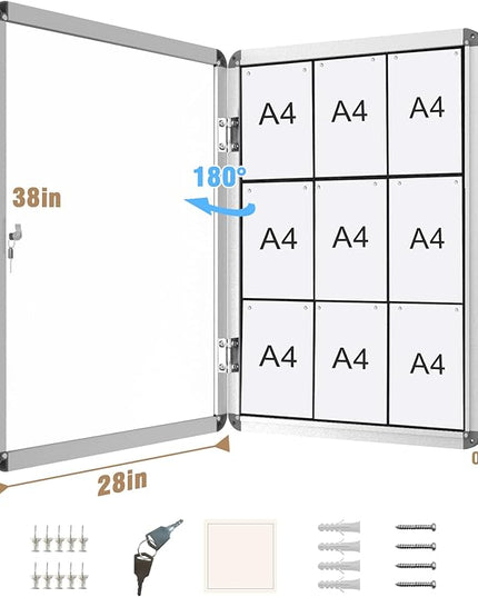 Mifuro 38"x28" Enclosed Bulletin Board, Lockable Weather-Resistant Aluminum Cork Noticeboard for School & Office, Silver Frame w/Black Flet