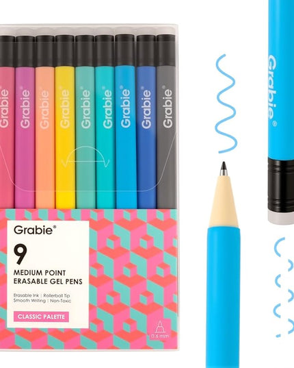 Grabie Erasable Gel Pens, 9 Colors Erasable Pens, Make Mistakes Disappear Colored Pens, Assorted Color Inks for Drawing Writing Planner,Gel Pens for Coloring