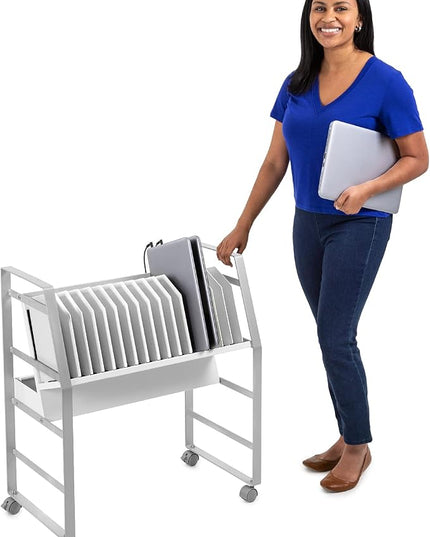 Line Leader 16-Device Mobile Charging Station | Steel Rolling Cart for Laptops, Tablets, & Chromebooks | Open Design with Dividers & UL-Certified Surge Protection | Portable Charging Stand (White)