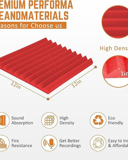 Acoustic Foam Panels 24 Pack 1 x 12x 12 Inches Soundproof Wall Panels Acoustic Foam Sound Panels Noise Reducing Soundproofing Dampening Red Acoustic Panels Fire Resistant