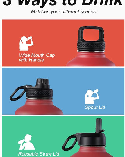 Coolflask Half Gallon Water Bottle Insulated with Straw & 3 Lids, 64 oz Water Jug Large Metal Stainless Steel Wide Mouth for Sports, Gym or Office, Non-BPA Keep Cold 48H Hot 24H, Red
