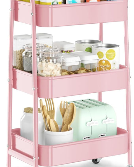 EAGMAK 3 Tier Utility Rolling Cart, Metal Storage Cart with Handle and Lockable Wheels, Multifunctional Storage Organizer Trolley with Mesh Baskets for Kitchen, Living Room, Office, Garage (Pink)