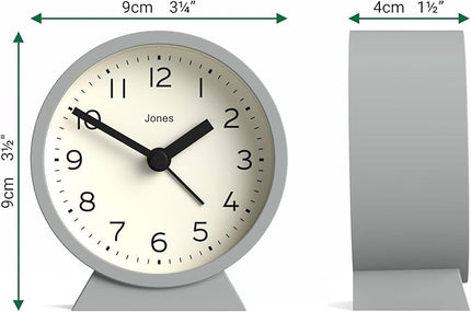 JONES CLOCKS® Midnight mini Alarm Clock | Contemporary Design | Gray | Stylish, Compact and Functional for Bedside, Desk or Shelf