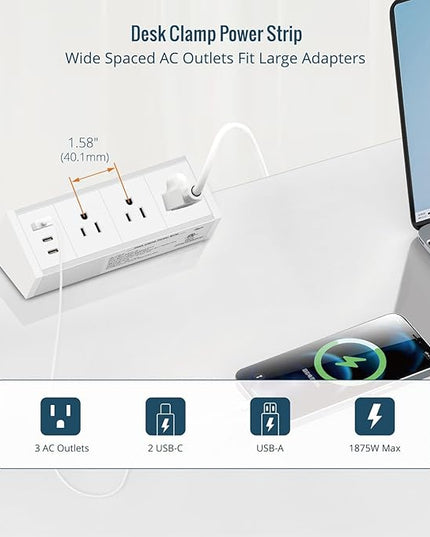 Tecmojo Desk Clamp Power Strip 3 Outlet with 1 USB A and 2 USB C Ports, 6 ft Cord, Desk Outlet Station Fit 1.6" Tabletop Edge,ETL Listed,White