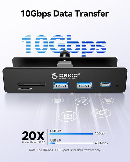ORICO USB Hub 3.2, USB Hub Clamp with Type-C PD 60W Port, 10Gbps Aluminum 6-Port USB Adapter with 2 USB-A 3.2 Ports, USB-C 3.2, SD/TF Card Reader 3.0, AUX, USB-3.2 Splitter for Monitor, Desk