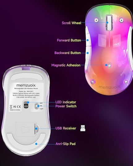 memzuoix 2.4G LED Wireless Mouse, Rechargeable Ergonomic Mouse with Detachable Cover, 1400 DPI Portable Optical Computer Mouse with USB Receiver for Laptop, PC, Desktop and MacBook, 5 Buttons-Purple