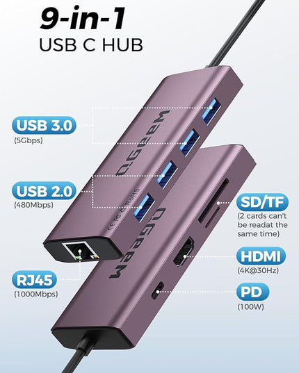 QGeeM USB C Hub Ethernet,9 in 1 USB Type C Hub HDMI Multi-Port Converter Adapter,100W Pd, USB 3.0,SD/TF Card Reader,Compatible for MacBook Pro Air Ipad HP Dell Lenovo Chromebook etc.-Violet