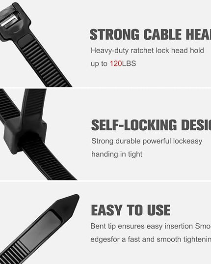 Zip Ties 12 inch ，Heavy Duty Cable Ties with 120 Pounds Tensile Strength，Black Zip Ties，100 Pack, Wire Ties for Indoor and Outdoor Use.