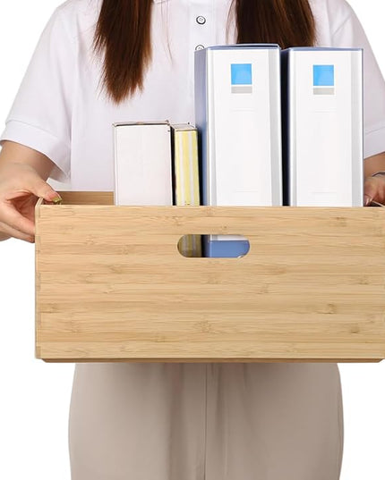 BAMOTTO Lidded Bamboo Storage Bins & Box/Cube/Basket, Home Kitchen and Office Storage Boxes with Handles & Stackable for Organizer Tableware, Clothing, Toys, Office Shelf Books, 14.6”x10.2”x6.5”