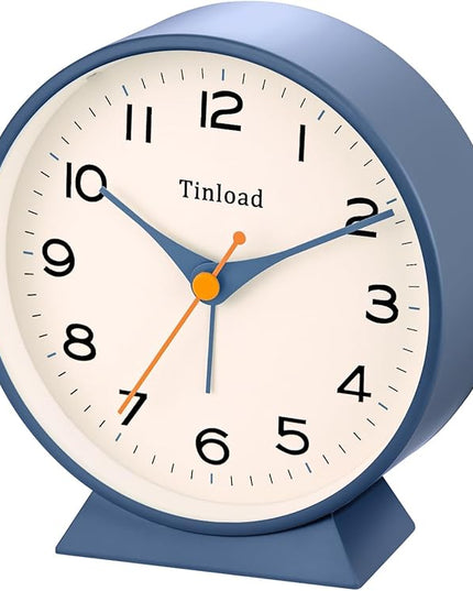 Tinload 4.5" Battery Operated Retro Analog Alarm Clock, Small Silent Bedside Desk Clock,Lighted on Demand, Battery Operated, Snooze, for Living Room, Bedroom, Bedside, Desk(Blue)