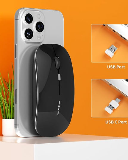 Uciefy Q5 Slim Rechargeable Wireless Mouse, 2.4G Portable Optical Silent Ultra Thin Wireless Computer Mouse with USB Receiver and Type C Adapter, Compatible with PC, Laptop, Notebook, Desktop Black