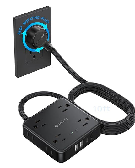 TROND 360° Rotating Flat Plug Power Strip, 10FT Flat Extension Cord with Multiple Outlets 4 USB (2 USB C), Wall Mount Surge Protector 1440 Joules for Home Office Travel Dorm Room Essentials, Black