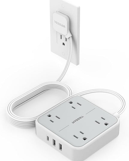 Flat Extension Cord 10 ft, TESSAN Ultra Thin Power Strip Under Carpet with 3 USB Wall Charger(1 USB C Port), 4 Outlets Slim Desk Charging Station Compact for Cruise Ship, Dorm Room Essentials Gray