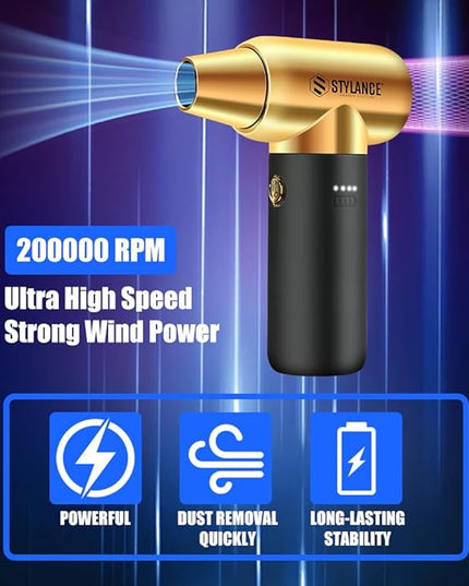 Compressed Air Duster - Barber Blower, Electric Duster, 3 Gear Mini Portable Jet Dry Air Blower, Cordless Vacuum Cleaner, for PC, Office,Salon, Fan, Laptop, Keyboard, Car (Gold)