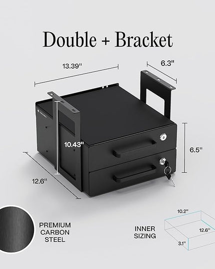 Under Desk Drawer Slide-Out – Lockable Metal Storage Drawers with Cable Management for Office & Home (Double, Bracketed)