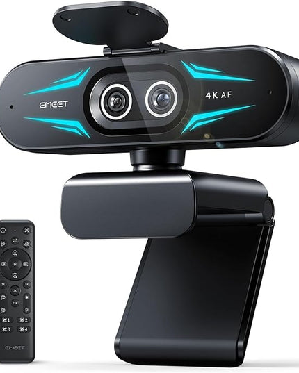 EMEET C60E Dual-Camera 4K Webcam for Streaming, Wide-Angle and Telephoto Cameras, Max 11X Hybrid Zoom & PDAF Autofocus, Remote Control, RGB Lighting, 2 Mics, Ideal for Livestreaming and Online Meeting