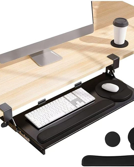 Keyboard Tray, 25 in. Pine Plastic, Keyboard tray Under Desk with Wrist Rest, Mouse Pad, Cup Mat, Lightweight Slide Out Tray, Easy Assemble Adjustable C clamp