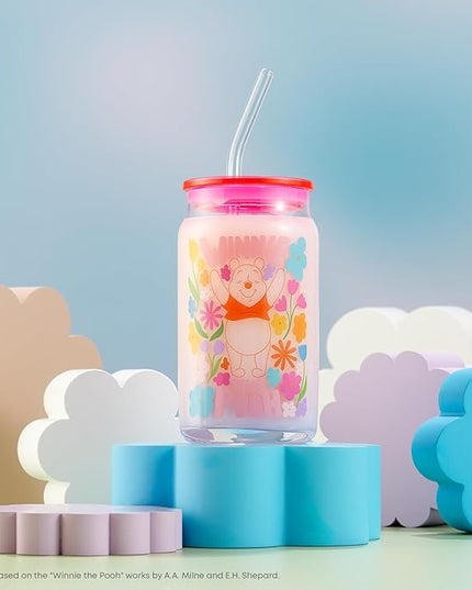 JoyJolt Disney Winnie the Pooh & Friends Flower Power Glass Tumblers with Lids and Straws, 16oz Glass Cups with Lids and Straws, Can Shaped Drinking Glasses Set of 4, Disney Gifts for Adults