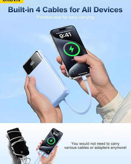 Portable Charger Power Bank 50000mAh Battery Pack, 22.5W Fast Charging PowerBank with Built in Cables,Travel Essential USB-C Portable Phone Charger for iPhone Samsung Pixel Android iPad-Blue