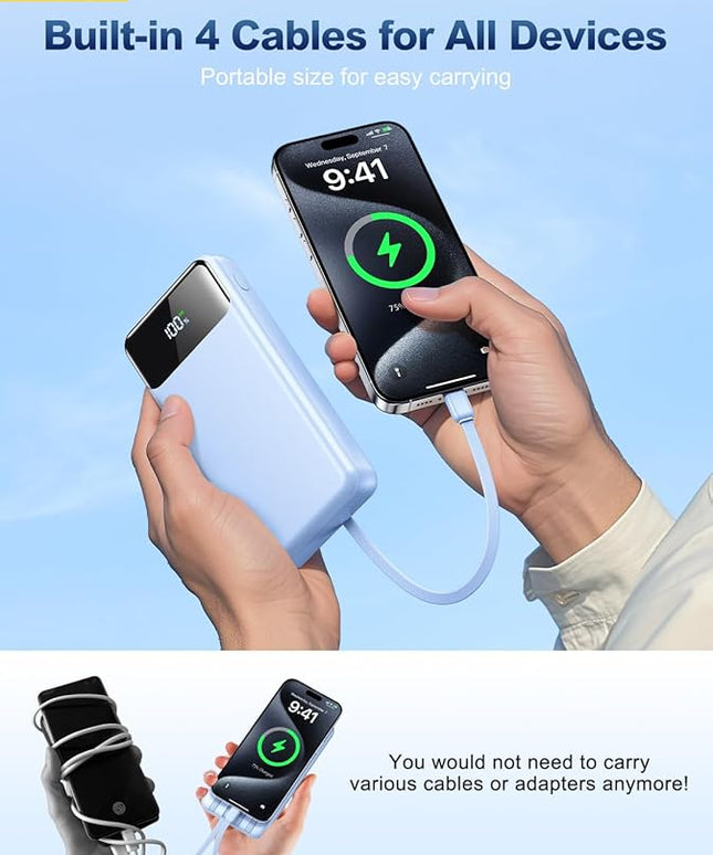 Portable Charger Power Bank 50000mAh Battery Pack, 22.5W Fast Charging PowerBank with Built in Cables,Travel Essential USB-C Portable Phone Charger for iPhone Samsung Pixel Android iPad-Blue