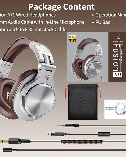 OneOdio A71 Hi-Res Studio Recording Headphones - Wired Over Ear Headphones with SharePort, Monitoring Mixing Foldable Headset with Stereo Sound, 3.5/6.35MM Jack for PC Computer DJ Guitar-Silver