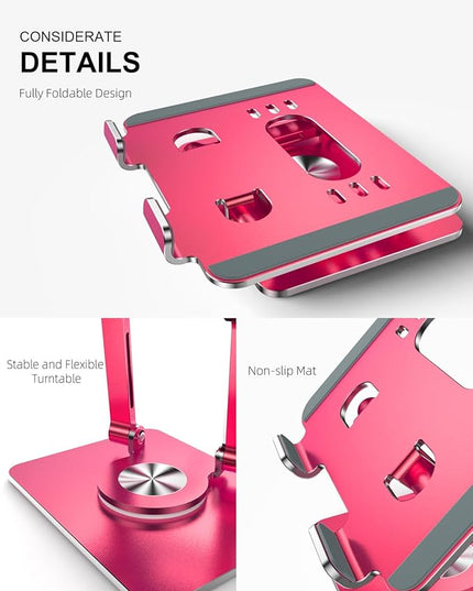 Tablet Stand Holder with Thickened 360°Rotating Base Dual Rod Adjustable Aluminum Stand for All 5.8-12.9” iPad Samsung Phone Tablet Kindle E-Reader and More, Red