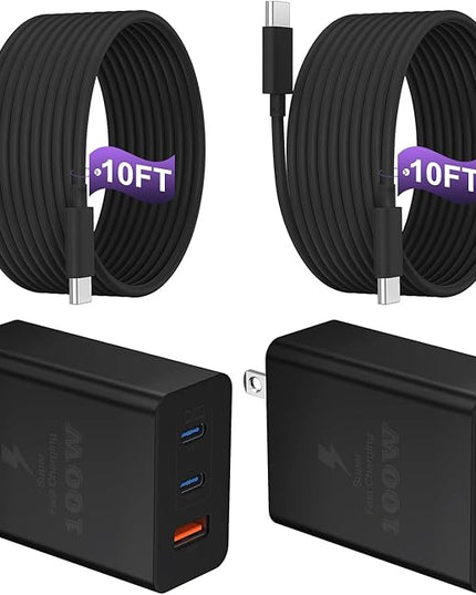 USB C Charger Block 100W, 3-Port GaN Super Fast Charger, Type C Wall Charger Adapter with 10ft USB C Charging Cable for MacBook Pro/Air,iPad Pro, iPhone 16/15Pro, Galaxy S24/S23 and More[2 Pack]-Black