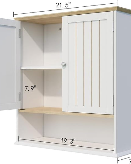 Over The Toilet Bathroom Wall Cabinet with 2 Doors & Open Shelf – Space Saving Medicine Cabinet, Wooden Wall Mounted Storage Cupboard for Bathroom Organization White
