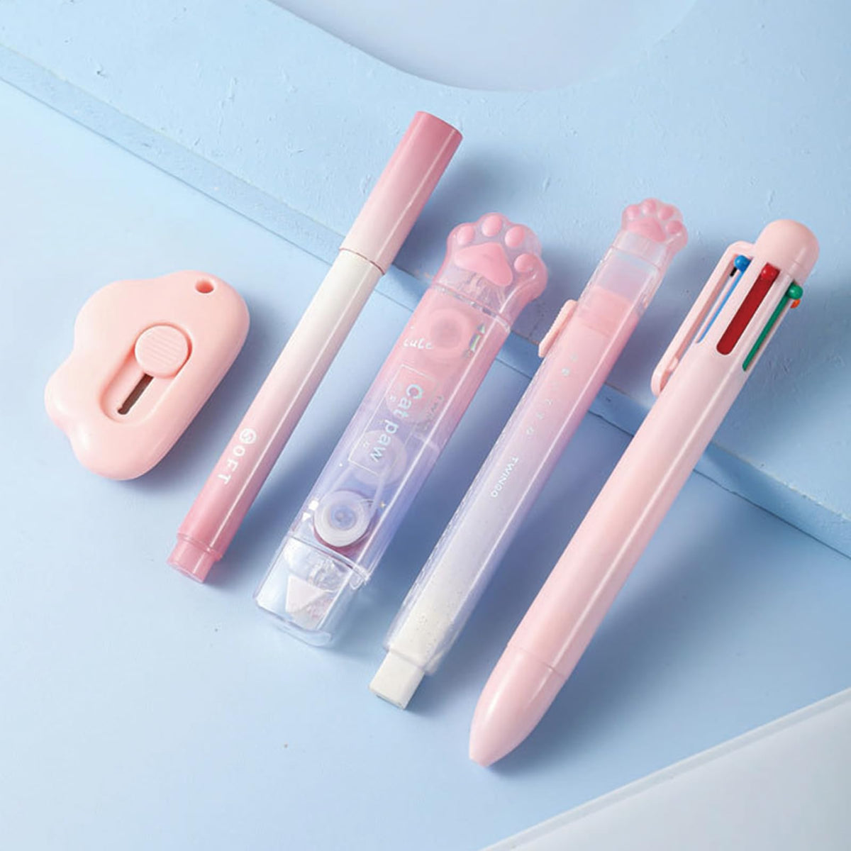 MOZXIRZ 9 Pcs Cute Pink Stationery Set Cat Paw School Supplies Kawaii Office Supplies Including Pens Pencil Sharpener Highlighter Eraser Correction Tape Ruler Utility Knife (Cat Paw-Pink)