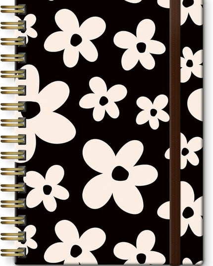 Spiral Journal Notebook, A5 Cute Notebooks for Women Men, College Ruled Hardcover Notebook for Work & Note Taking, 60 Pages Double-Wire Journals for Writing, Black White Flowers