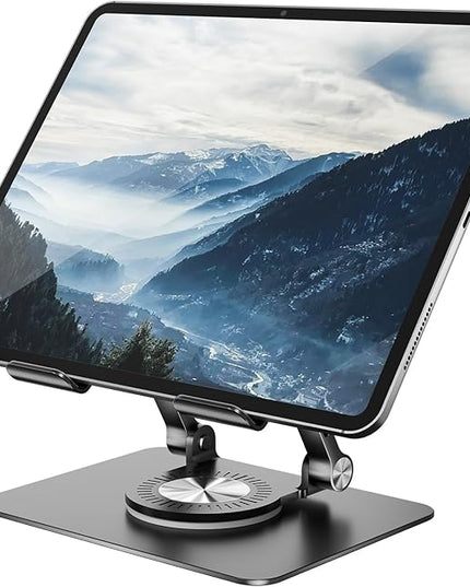 Tablet Stand Holder with 360° Rotating Base Dual Rod Aluminum Adjustable Tablet Stand for Desk Compatible with iPad Samsung Phone Kindle E-Reader and More, Black