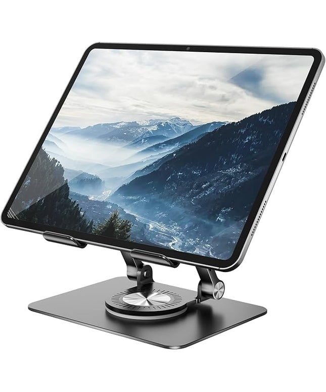 Tablet Stand Holder with 360° Rotating Base Dual Rod Aluminum Adjustable Tablet Stand for Desk Compatible with iPad Samsung Phone Kindle E-Reader and More, Black