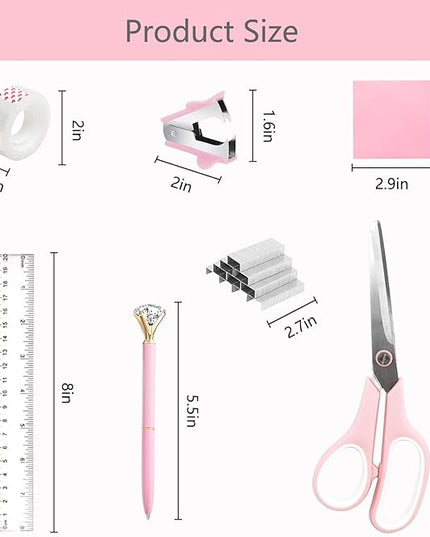 suniya Office Supplies,Desk Accessories,with Stapler,Tape Dispenser,Staple Remover,Scissor,Ballpoint Pen,Sticky Notes,Clear Tape,Staples,Desk Organizer,Ruler,Binder,Best Gift Set(Pink)