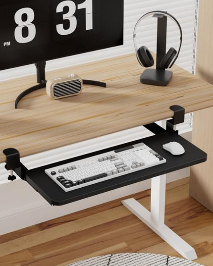 Keyboard Tray Under Desk, Slide Out Computer Keyboard Drawer with Adjustable C-clamp for Home, Office and Gaming Mouse Tray for Typing 25.59" × 9.84" × 4.72" Black