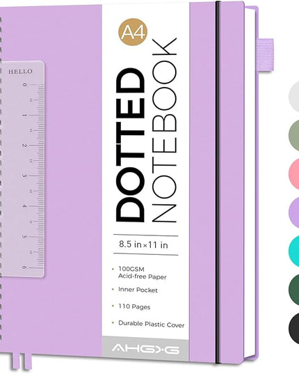 AHGXG Bullet Dotted Journal - Dot Grid Spiral Notebook 8.5" x 11", A4 Large Dotted Notebook, 100 GSM Thick Paper, Waterproof Plastic Cover Journals for Bullet Journaling, Sketching, Purple