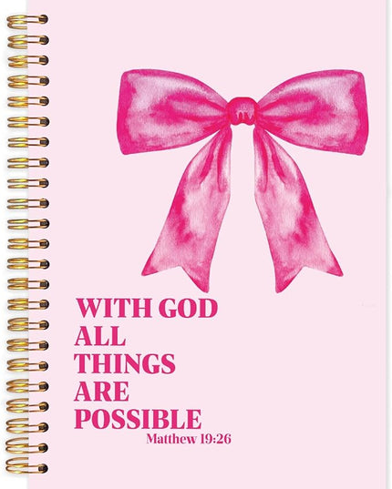 FDHSPAAM Coquette Pink Bow Christian Spiral Journal Notebook 5.5x8.3in, with God All Things Are Possible Inspirational Prayer Journal for Woman, Inspirational Bible Notebooks for Note Taking