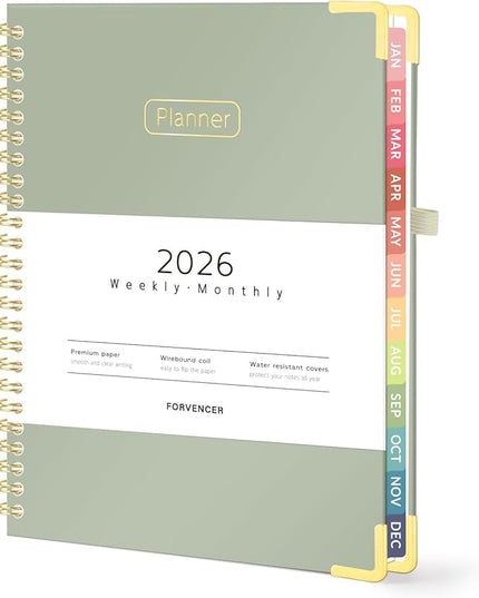 Forvencer 2026 Planner, Hardcover Calendar Planner Weekly and Monthly, Jan 2026 - Dec 2026, 6" x 8", Spiral Agenda Book with Tabs, Exquisite Daily Journal Organizer for Home School, Olive Green