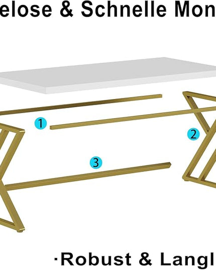 LVB White and Gold Desk, Modern Wood Home Office Computer Desk, Metal Study Executive Writing Table for Gaming Writing Work, Farmhouse Simple Compact Student PC Desk for Bedroom, 55 Inch