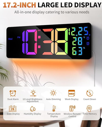 17.2" Large Digital Wall Mount Clock, Count Down Timer, Alarm, Big LED, 11 RGB Color, Temperature for Living Room Classroom Desk, Xmas, Birthday Gift for Senior Mom Dad (Rectangle)