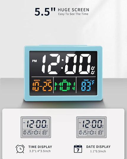 Digital Alarm Clock, with 5.5" Large LED Time Display, Adjustable Alarm Volume, 6 Level Brightness, Alarm Settings, USB Charger, Temperature Detect, Snooze, Clocks for Bedroom, Bedside, Desk, Blue