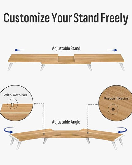 loukin Dual Monitor Stand Riser for Desk, 43.6"*8.2"*3.2" Large Computer Stand for 2 Monitors, Laptop, Printer, Length and Angle Adjustable Computer Shelf, Home Office,Max 43.6" Length Natural