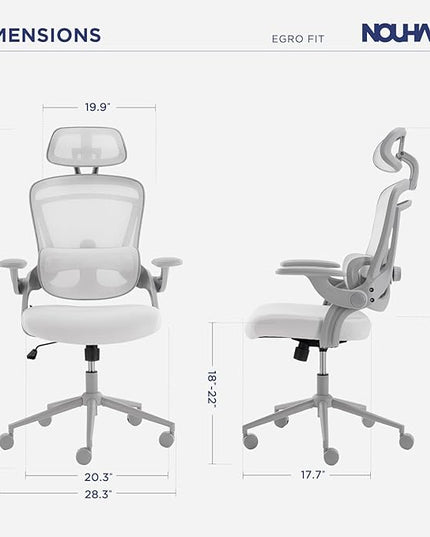 Nouhaus Ergo Fit Ergonomic Mesh Office Chair High Back Adjustable Lumbar Support Headrest and Adjustable Flip-up Armrests, Comfy Desk Chairs Swivel Computer Gaming Chair Tilt Function(N20, White)