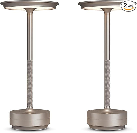 2 Pack Rechargeable Cordless Table Lamps, 5000mAh Portable LED Table Light, 3 Color Stepless Dimming Battery Powered Metal Table Lamp for Outdoor/Home/Restaurant.(Champagne Gold)