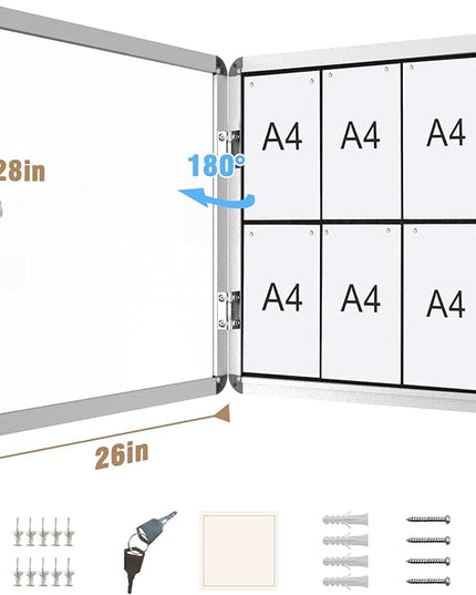 Mifuro 28"x26" Enclosed Bulletin Board, Lockable Weather-Resistant Aluminum Cork Noticeboard for School & Office, Silver Frame w/Black Flet
